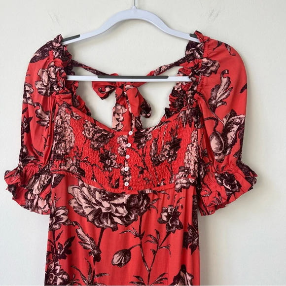 NWT by Anthropologie Puff Sleeve Smocked Midi Long Dress Coral Floral - Picture 5 of 10